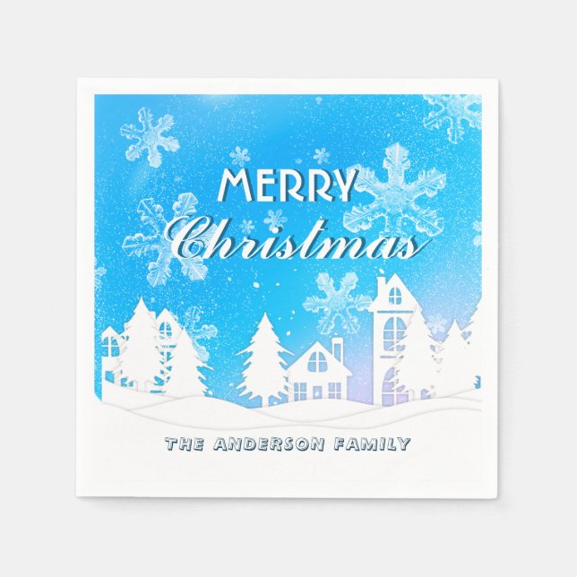 Elegant Blue White House Snowflakes Merry Xmas Napkin (Front)