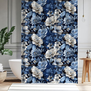 Elegant Blue White Ivory Floral Bathroom Shower 