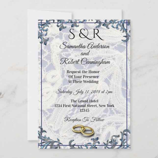 Elegant Blue & White Lace with Rings - Invitation (Front)