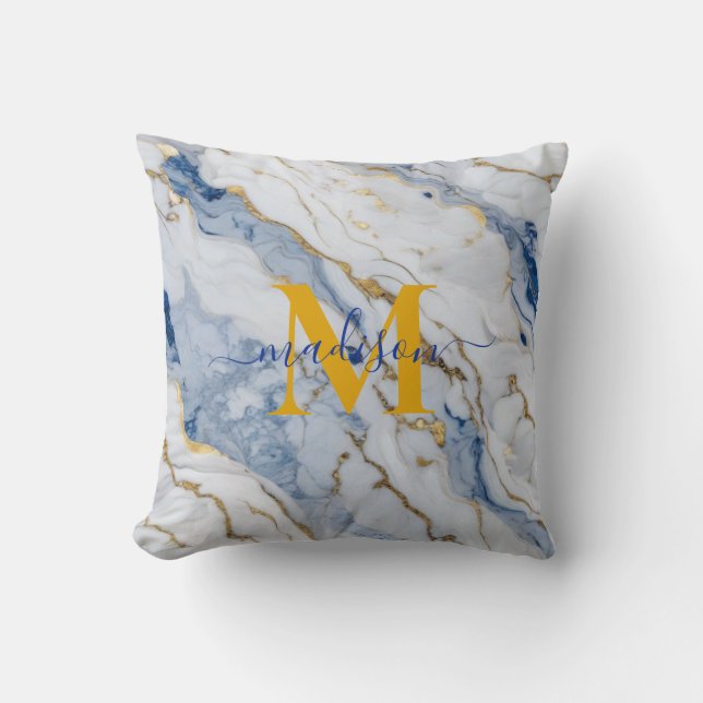 Elegant blue white maize gold marble granite throw pillow (Front)