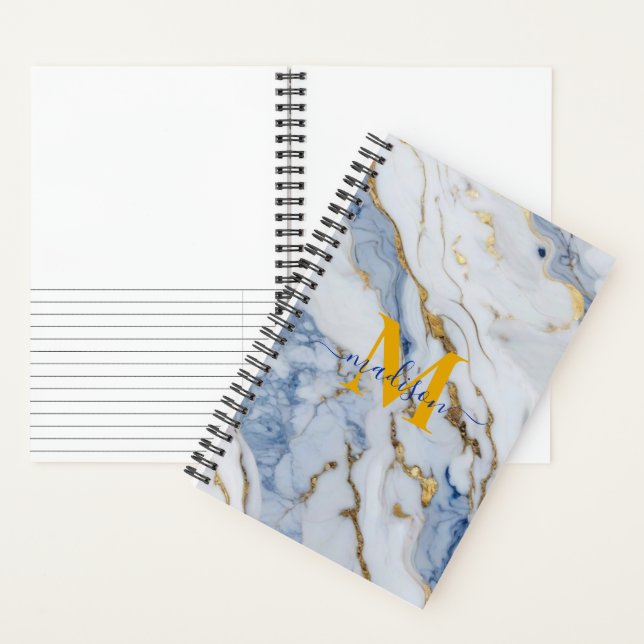 Elegant blue white maize gold marble personalize notebook (Inside)