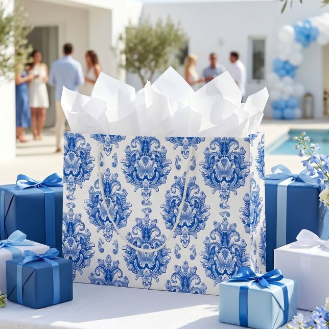 Elegant Blue White Mediterranean Damask Pattern Large Gift Bag (Creator Uploaded)