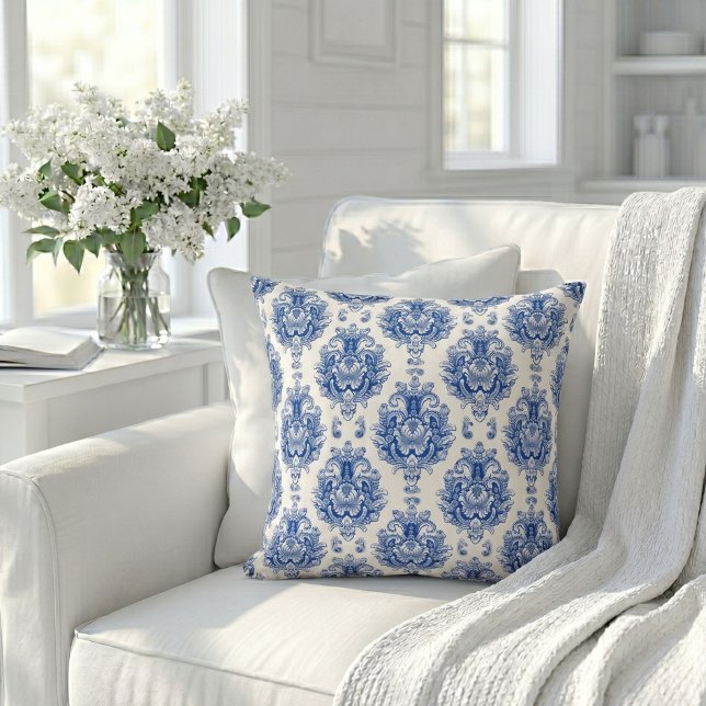 Elegant Blue White Mediterranean Damask Pattern Throw Pillow (Creator Uploaded)