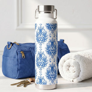 Elegant Blue White Mediterranean Damask Pattern Water Bottle