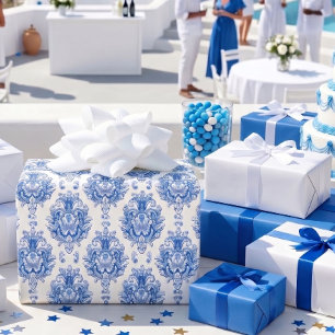 Elegant Blue White Mediterranean Damask Pattern Wrapping Paper