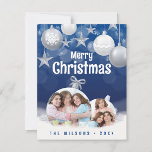 Elegant Blue, White Merry Christmas 2 Family Photo Holiday Card