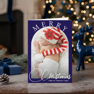 Elegant Blue & White Merry Christmas Family Photo Holiday Card