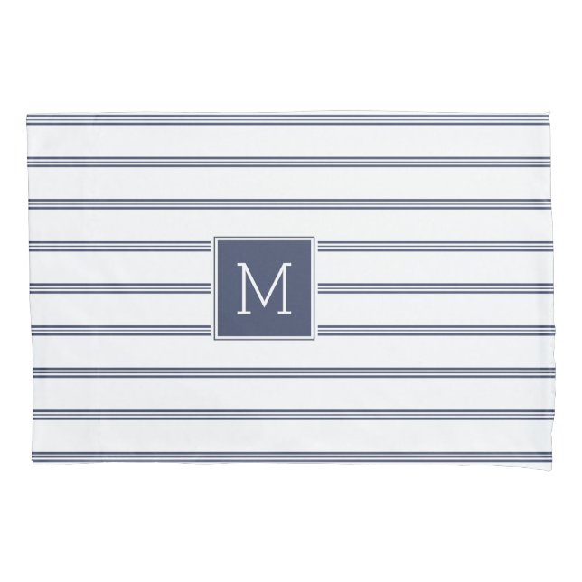 Elegant Blue & White Modern Stripes Monogrammed Pillowcase (Front)