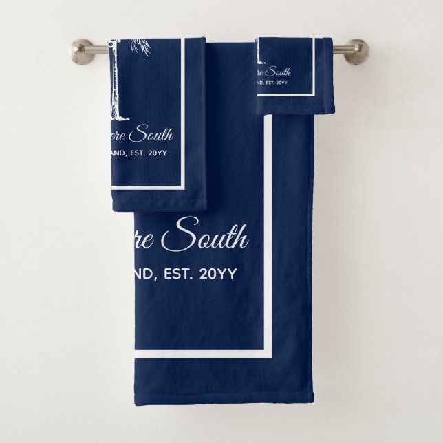 Elegant Blue White Palm Tree Personalized Bath Towel Set (Insitu)