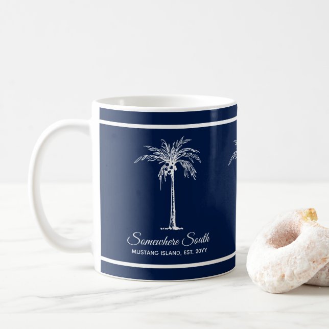 Elegant Blue White Palm Tree Personalized Coffee Mug (With Donut)