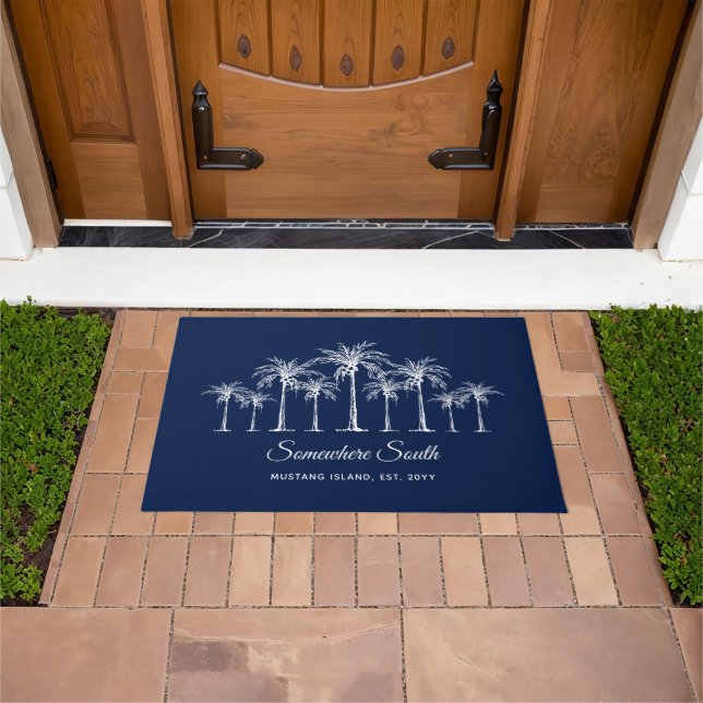 Elegant Blue White Palm Trees Personalized Doormat (Outdoor)