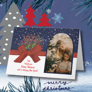 Elegant Blue & White Photo Arch Christmas Bow Holiday Card