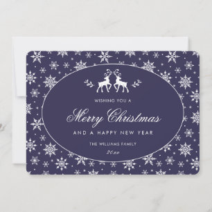 Elegant Blue White Reindeer Snowflakes Christmas Holiday Card