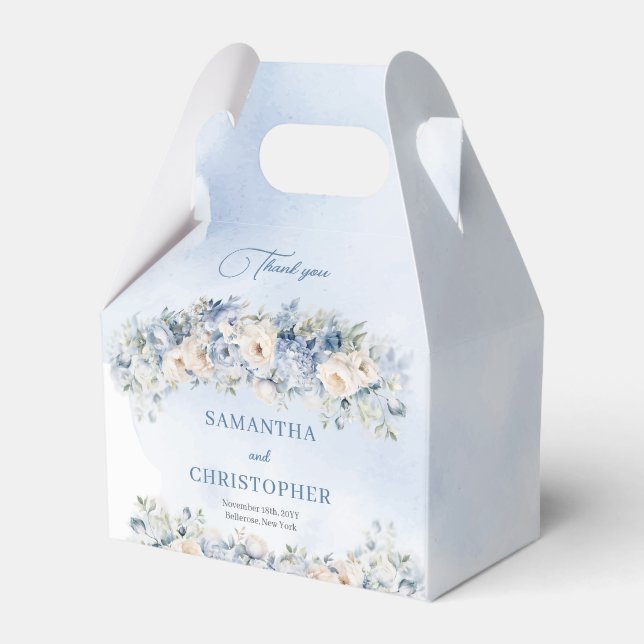 Elegant blue & white roses eucalyptus gold wedding favor box (Front Side)