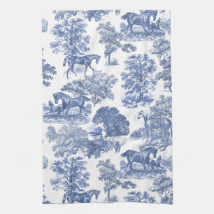 Elegant Blue White Rustic Horses Toile   Kitchen Towel