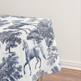 Elegant Blue White Rustic Horses Toile Tablecloth
