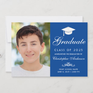 Elegant Blue White Script Cap Photo Graduation Announcement