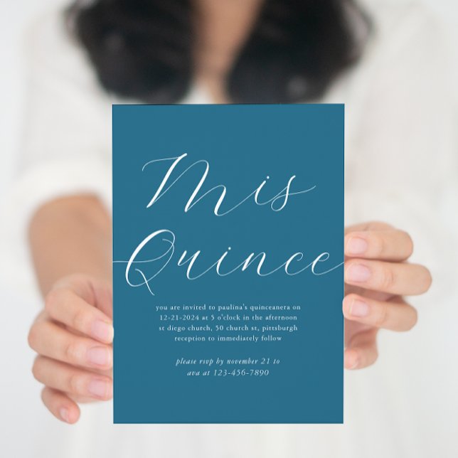 Elegant Blue White Script Quinceañera Invitation (Creator Uploaded)