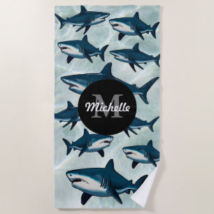 Elegant blue white shark Personalized Monogram Beach Towel
