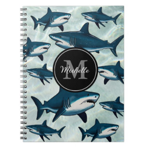 Elegant blue white shark Personalized Monogram Notebook