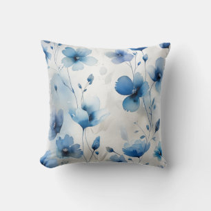 Elegant blue white silver watercolor florals throw pillow