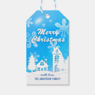 Elegant Blue White Snow House Snowflakes Christmas Gift Tags