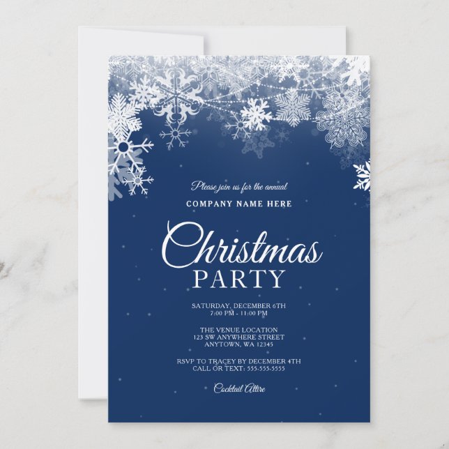 Elegant Blue White Snowflake Corporate Christmas Invitation (Front)
