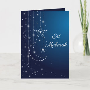 Elegant Blue White Star Moon Sparkle Eid Greeting Card