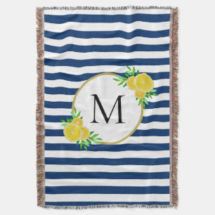 Elegant Blue White Stripes Italian Lemons Monogram Throw Blanket