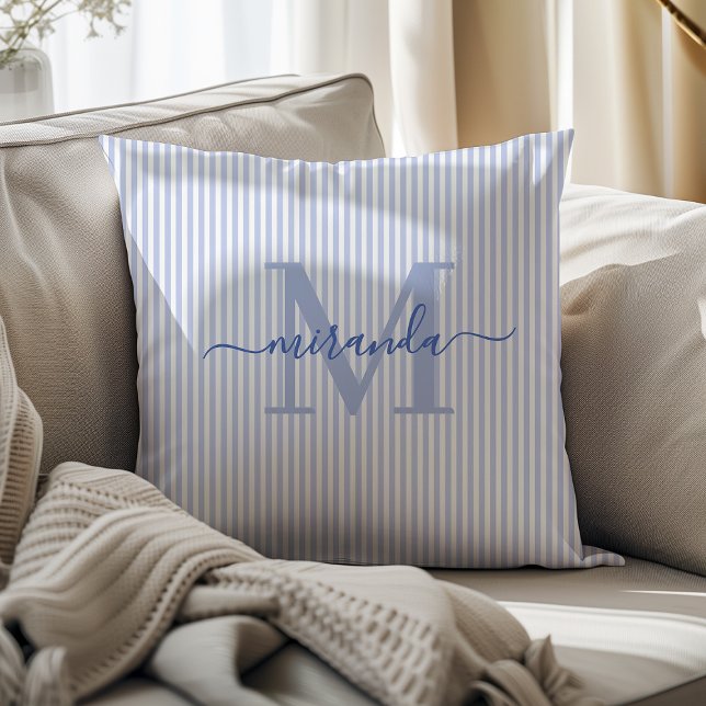 Elegant Blue & White Stripes Monogram Name Throw Pillow (Creator Uploaded)