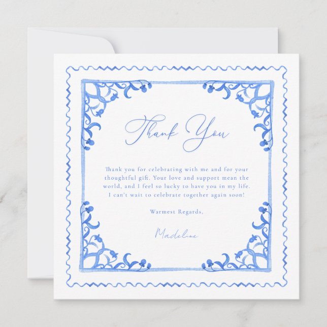 Elegant Blue White Tile Bridal Shower Thank You Card (Front)