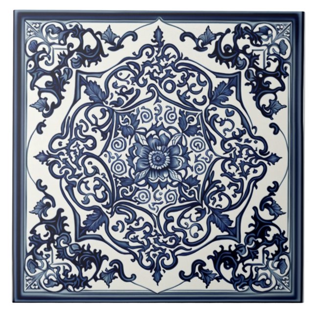 Elegant Blue & White Tile, Rose, Chinese Design Tile (Front)