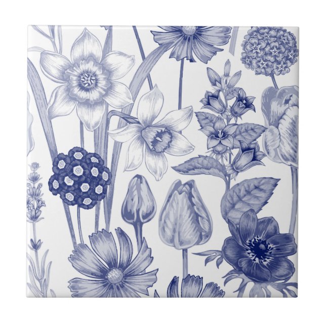Elegant blue white vintage floral pattern tile (Front)