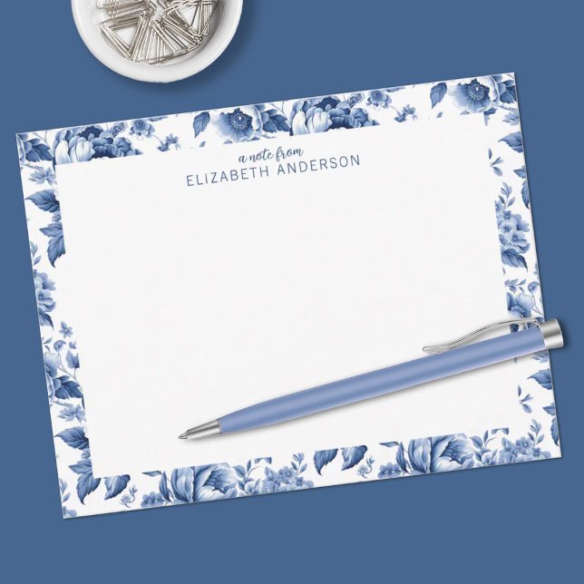 Elegant Blue White Vintage Rose Floral Card (A pretty vintage blue and white floral pattern note card. Personalize it with your name.)