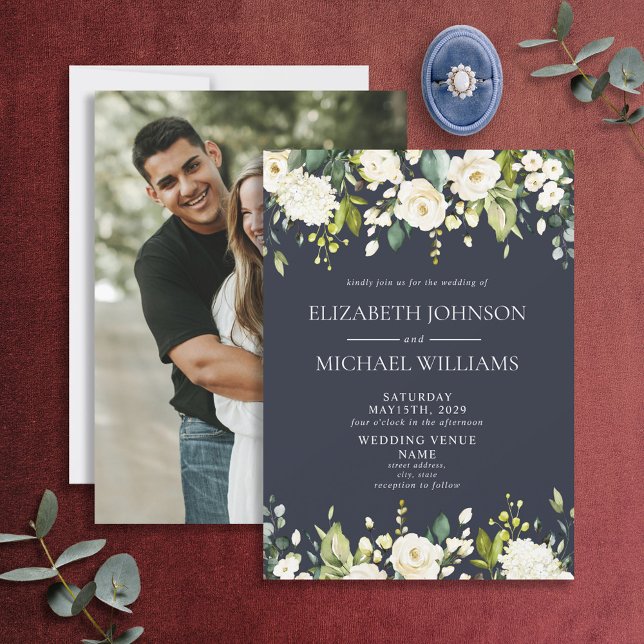 Elegant Blue & White Watercolor Floral Photo Invitation (Creator Uploaded)