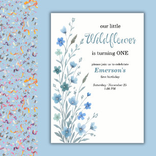 Elegant Blue Wildflower 1st Birthday Party Invitation
