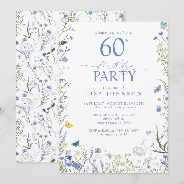 Elegant Blue Wildflower Adult 60th Birthday Party  Invitation (Front/Back)