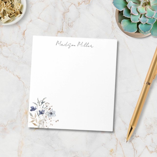 Elegant Blue Wildflower Bouquet Personalized Name Notepad (In situ)