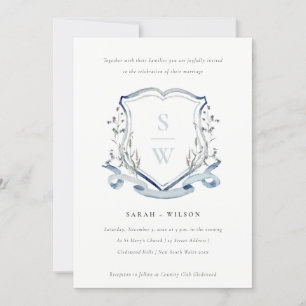 Elegant Blue Wildflower Monogram Crest Wedding Invitation
