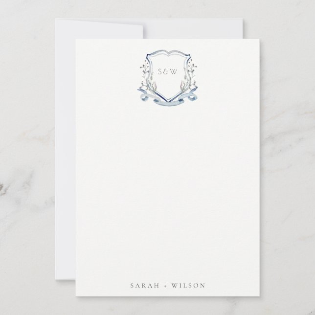 Elegant Blue Wildflower Watercolor Crest Wedding Card (Front)