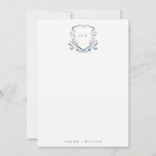 Elegant Blue Wildflower Watercolor Crest Wedding Card
