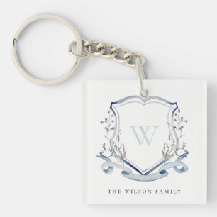 Elegant Blue Wildflower Watercolor Monogram Crest Keychain