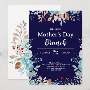 Elegant Blue Wildflowers Blue Mother's Day Brunch Invitation