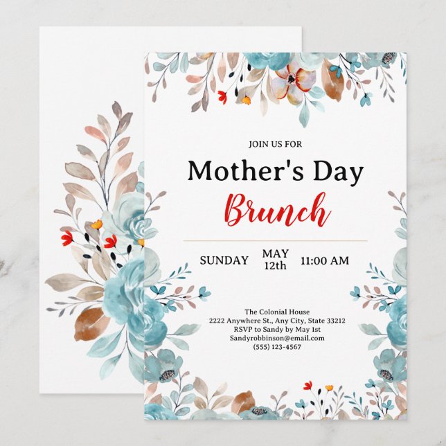 Elegant Blue Wildflowers Chic Mother's Day Brunch Invitation (Front/Back)