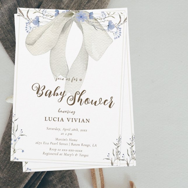 Elegant Blue Wildflowers Coquette Bow Baby Shower Invitation (Creator Uploaded)