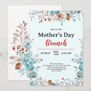 Elegant Blue Wildflowers Mint Mother's Day Brunch Invitation