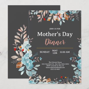 Elegant Blue Wildflowers Mint Mother's Day Dinner Invitation