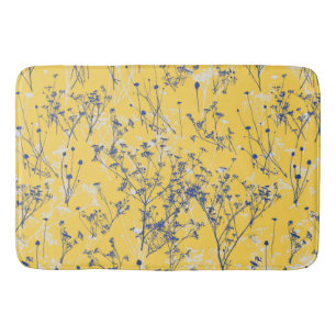 Elegant Blue Wildflowers on Mustard Yellow  Bath Mat