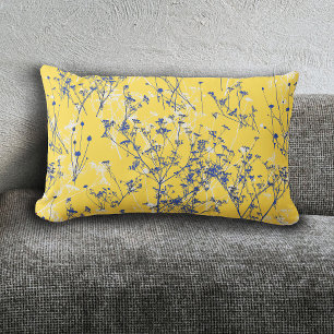 Elegant Blue Wildflowers on Mustard Yellow Throw P Lumbar Pillow