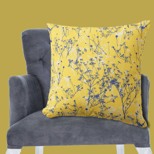 Elegant Blue Wildflowers on Mustard Yellow Throw Pillow
